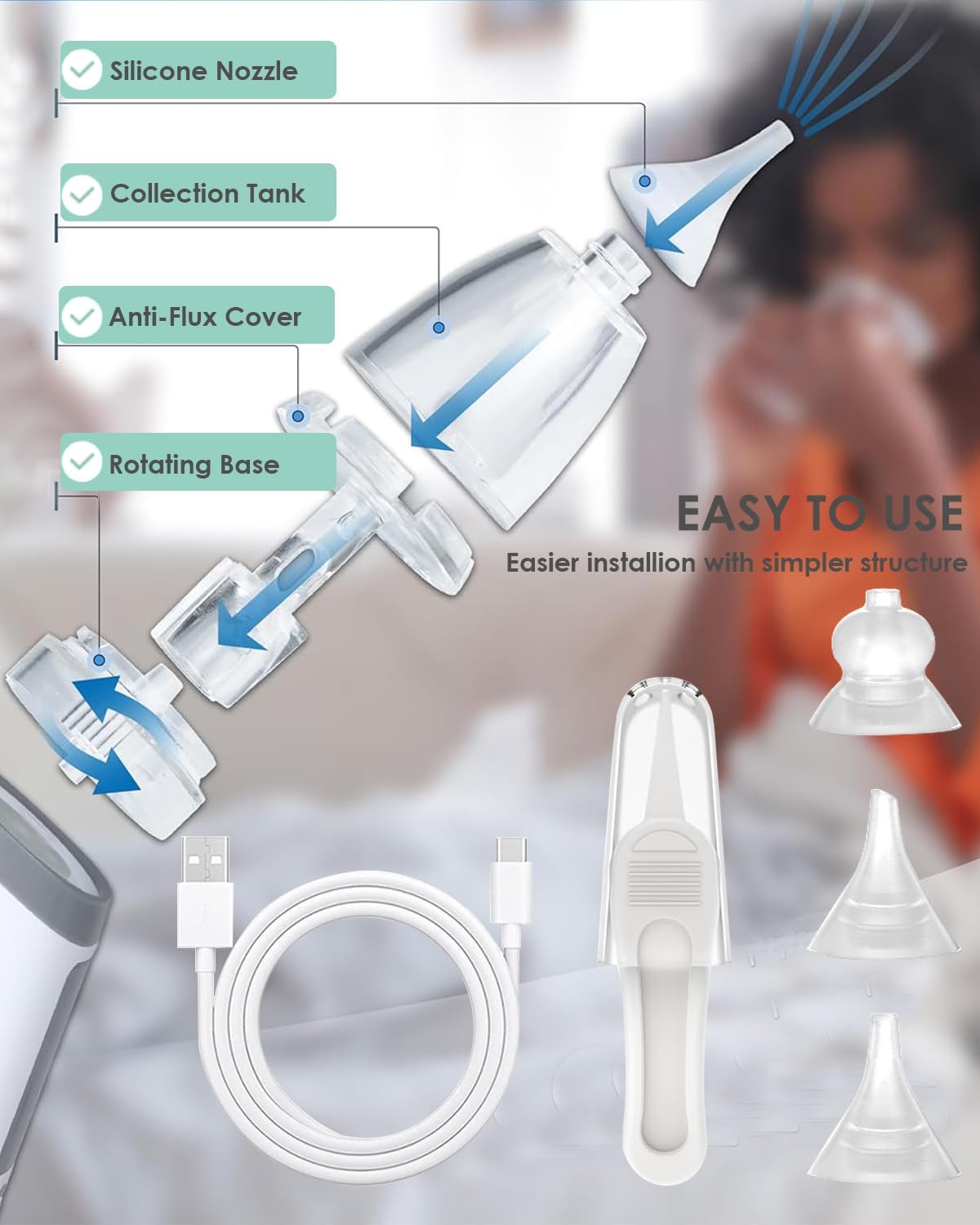 Nasal Aspirator for Baby, Electric Nose Aspirator for Toddler, Baby Nose Sucker, Automatic Nose Cleaner with 3 Silicone Tips, Adjustable Suctions, Music and Light Soothing Function
