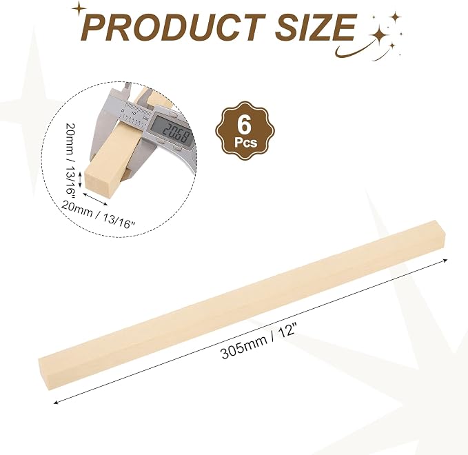 MECCANIXITY 6Pcs Basswood Sticks, 13/16" x 13/16" x 12" Square Wooden Dowel