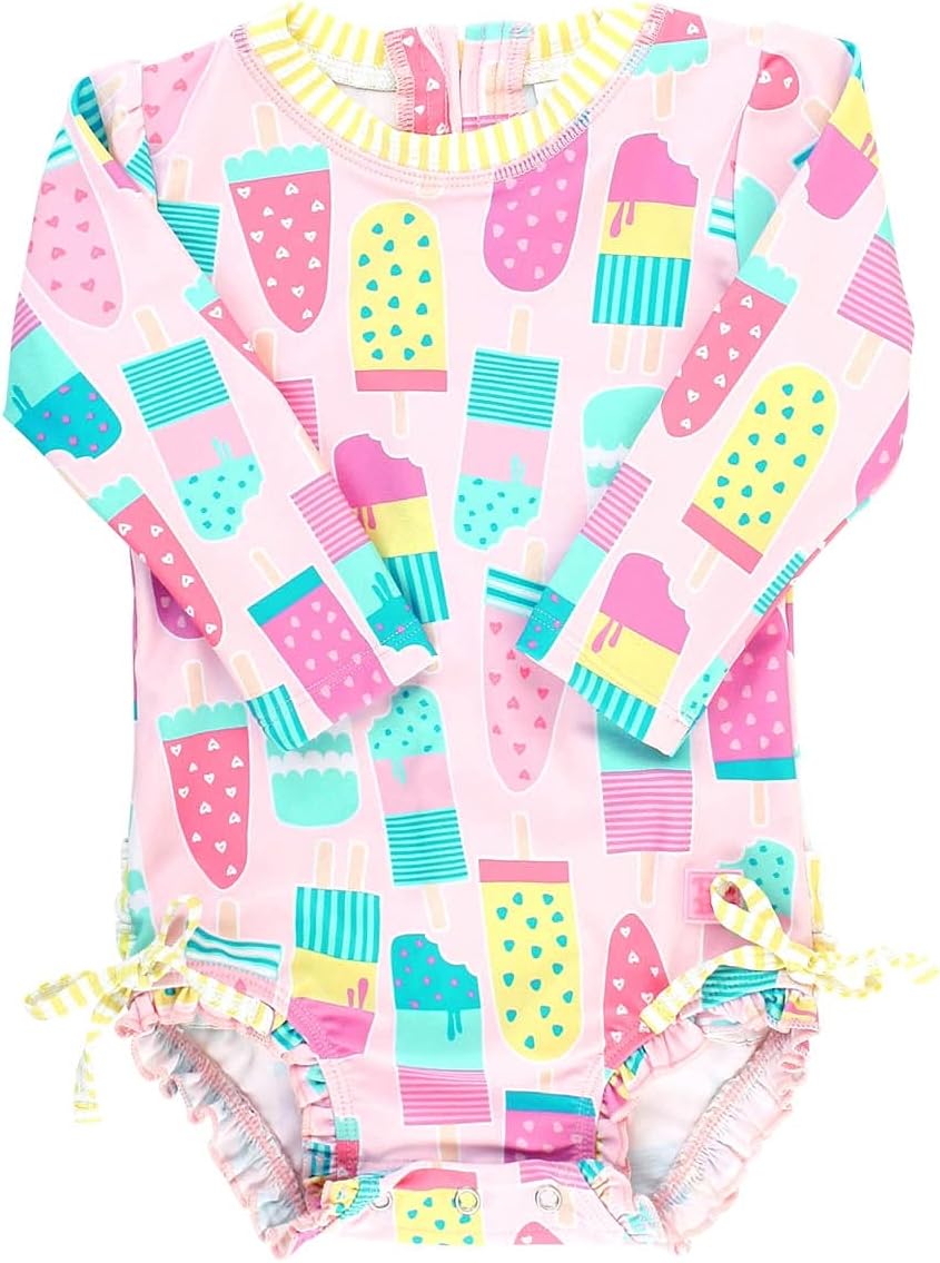 RuffleButts Baby Girls UPF 50+ Sun Protection Novelty Print Long Sleeve One Piece Rash Guard Swimsuit with Zipper