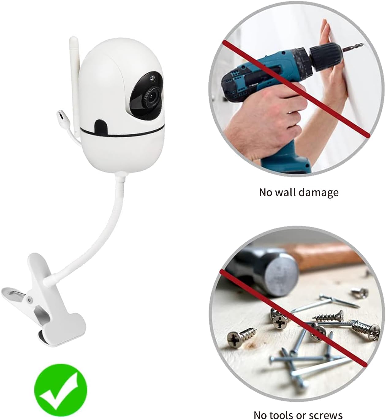 Flexible Baby Monitor Clip Clamp Mount Holder for HelloBaby HB65/HB40/HB6550/HB66/HB248/HB6339/HB6550 Pro, ANMEATE SM935E/SM650/Bonoch/ChildsFarm Baby Monitor, Long Gooseneck Arm, No Tools Needed