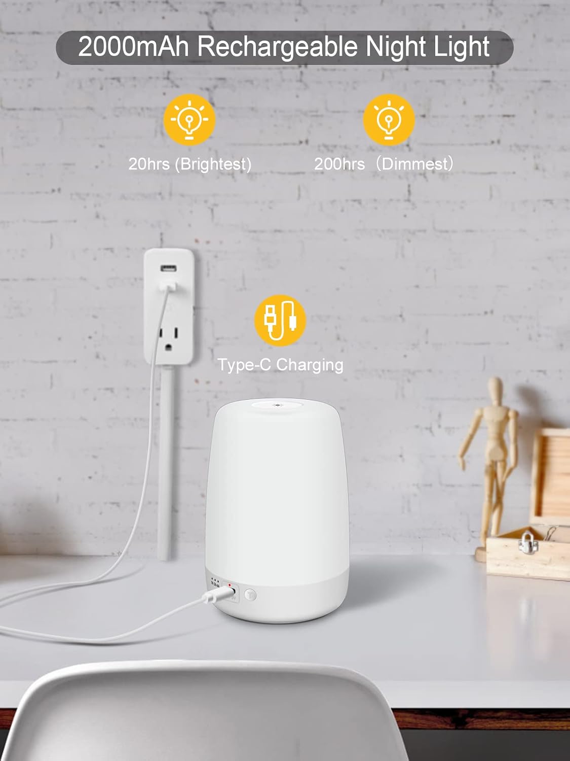 Night Light for Kids & Nursery - Rechargeable Touch Lamp, Portable Nursing Lamp with Soft & Warm Light for Newborn, 3 Timers, Up to 200H