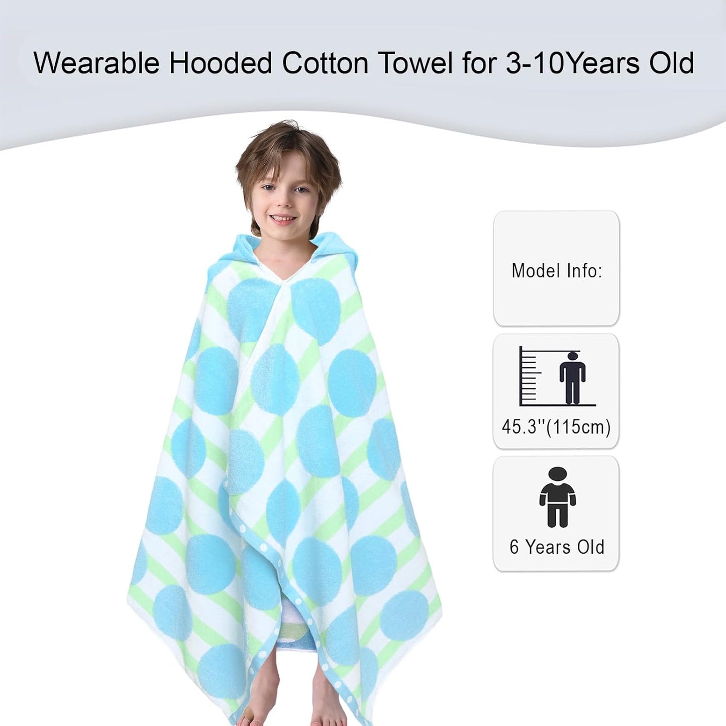 VOOVA & MOVAS Toddler Beach Towel (3-10Years), Absorbent Quick Dry Lightweight Towel Wrap with Hood for Pool | Swim | Bath, Blue Dot Strip