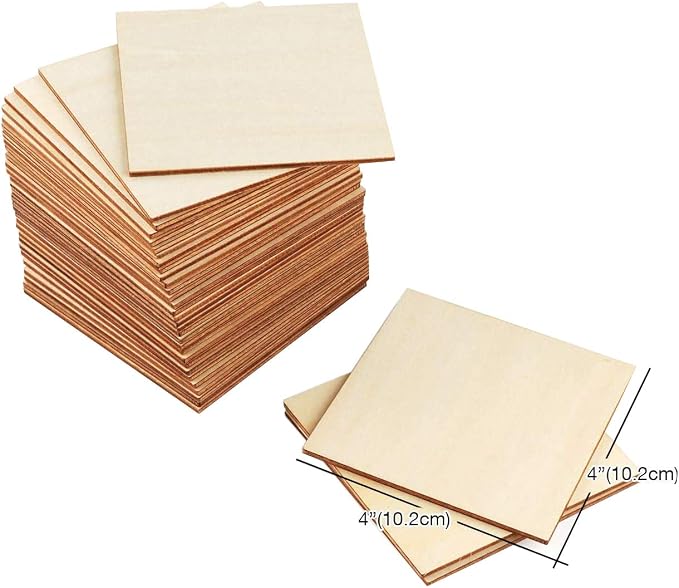 Unfinished Wood Pieces 50 Pcs 4"x4" Inch Wooden Cutout Tiles Blank Wood Slices