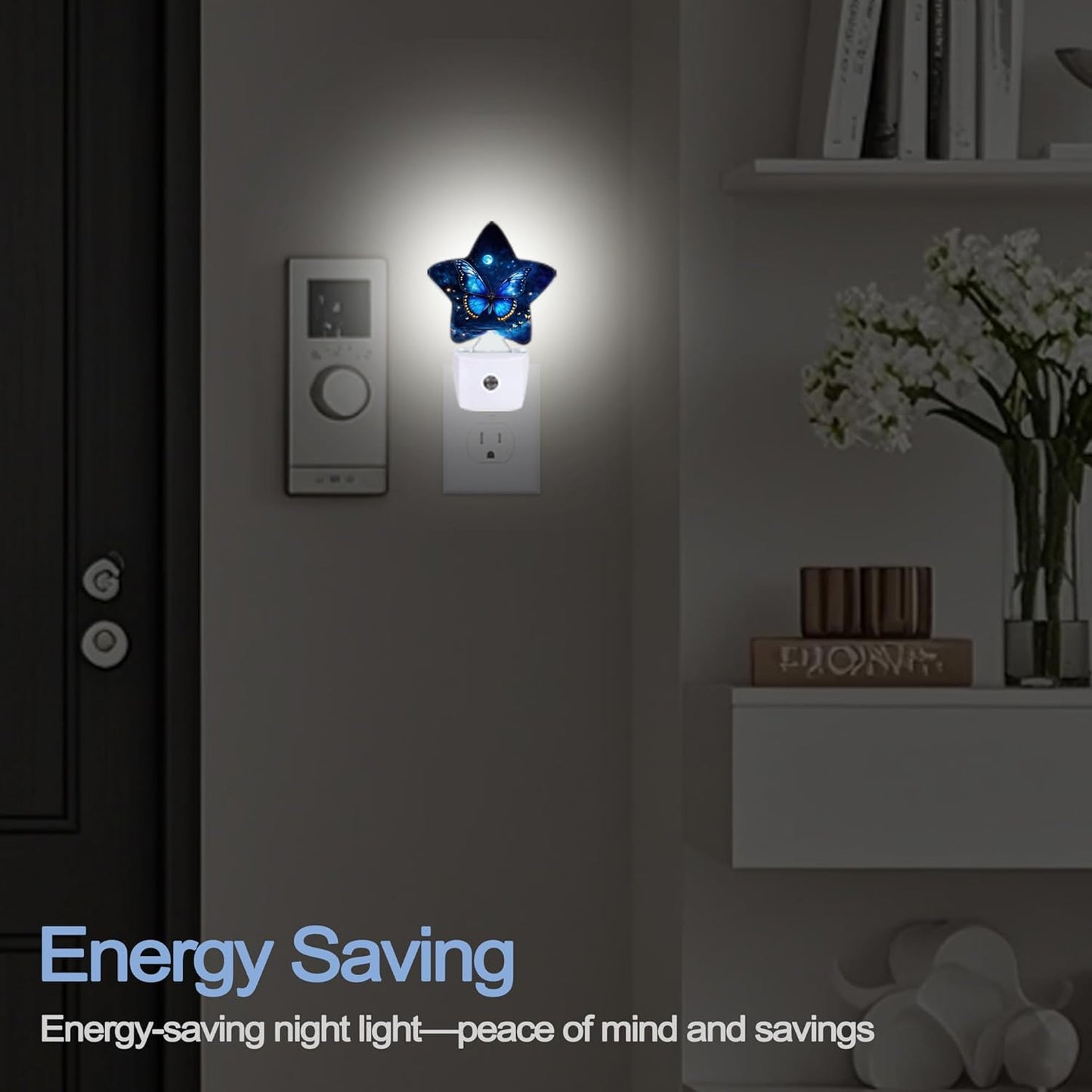 Blue Butterfly Moon Dusk to Dawn Star Night Light,Starry Sky Smart Sensor Nightlight for Bedroom Kitchen Hallway Stairs,Plug-in Energy Efficient Decor Desk Lamp Women Men Gifts