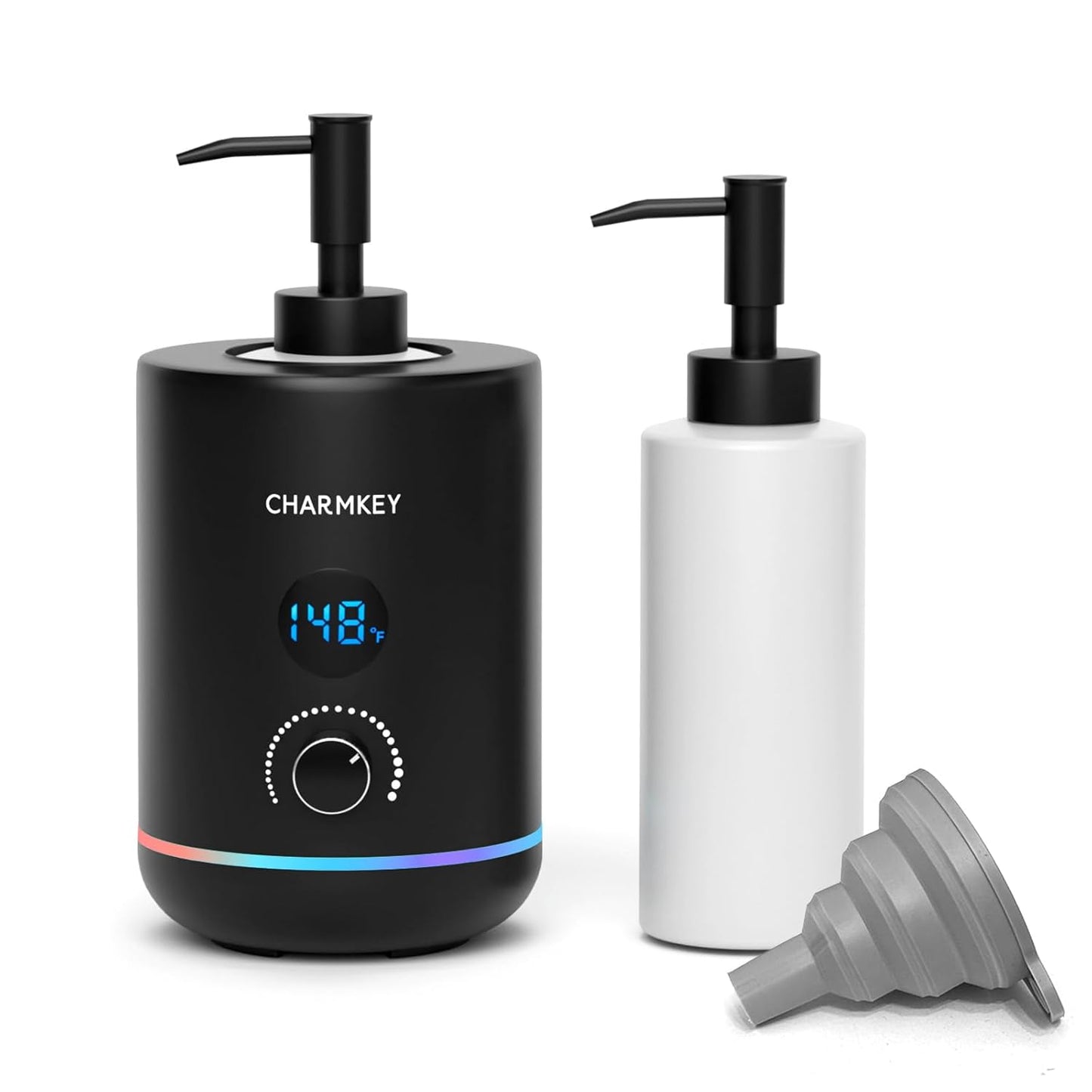 CHARMKEY Massage Oil Warmer Black, 2 Oil Bottle Dispensers & 2 Silicone Funnels, Digital Heater for SPA, Oil Lotion Cream for Salon, Barber Shops, Home