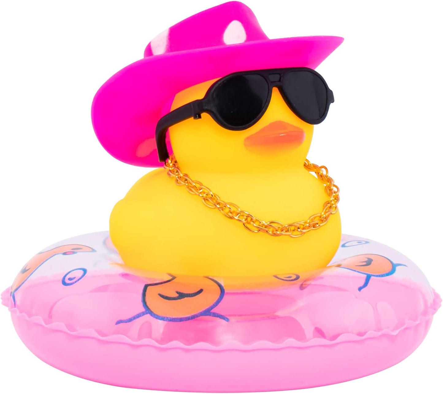 wonuu Car Rubber Duck, Yellow Duck Decoration Dashboard with Sun Hat Swim Ring Necklace Sunglasses for Car Dashboard Decorations, White Spots Pink Cowboy Hat-Pink