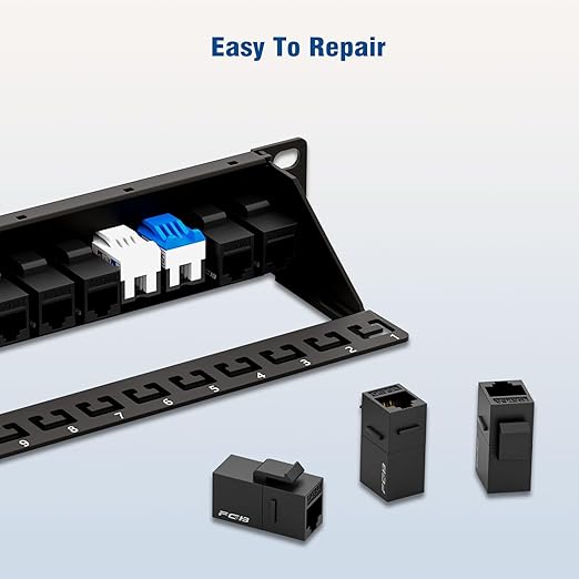 FGB 24 Port Cat6A Keystone Patch Panel, 19" Rackmount or Wall Mount, 1U with Back Bar, Network Patch Panel for Gigabit Ethernet