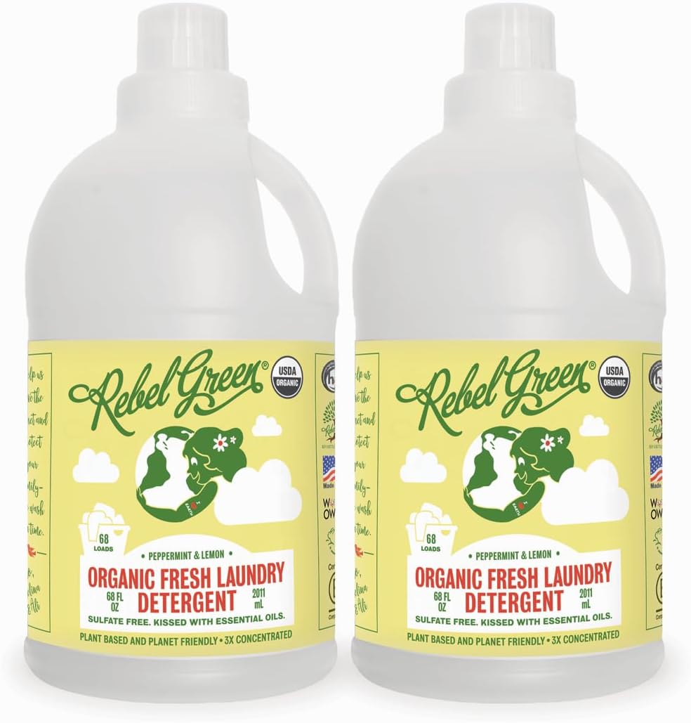 Rebel Green Organic Laundry Detergent - Natural Laundry Soap - Liquid Laundry Detergent with Dispenser Cup - Gentle Laundry Detergent - Fresh Peppermint & Lemon Scent - (68 Load Bottles, 2 Pack)