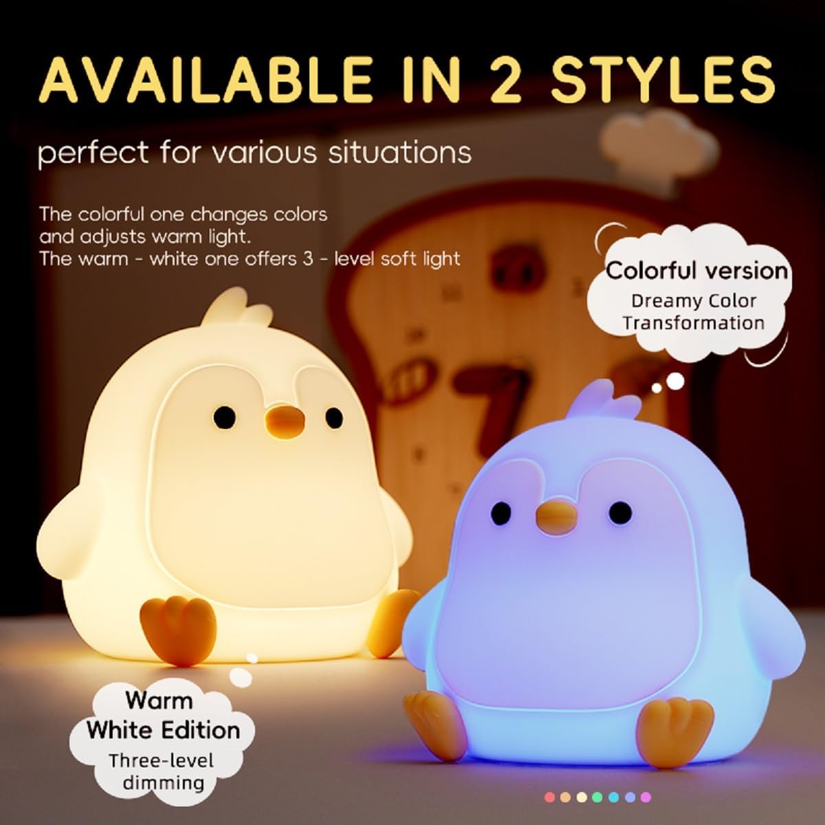 Penguin Night Light for Adults Kids,Dimmable Cute Silicone Animal Nightlight with 7 Colors and 30min Timer Penguin Lamp, Rechargeable Bedside Touch Lamp for Christmas Gifts Kawaii Room Decor