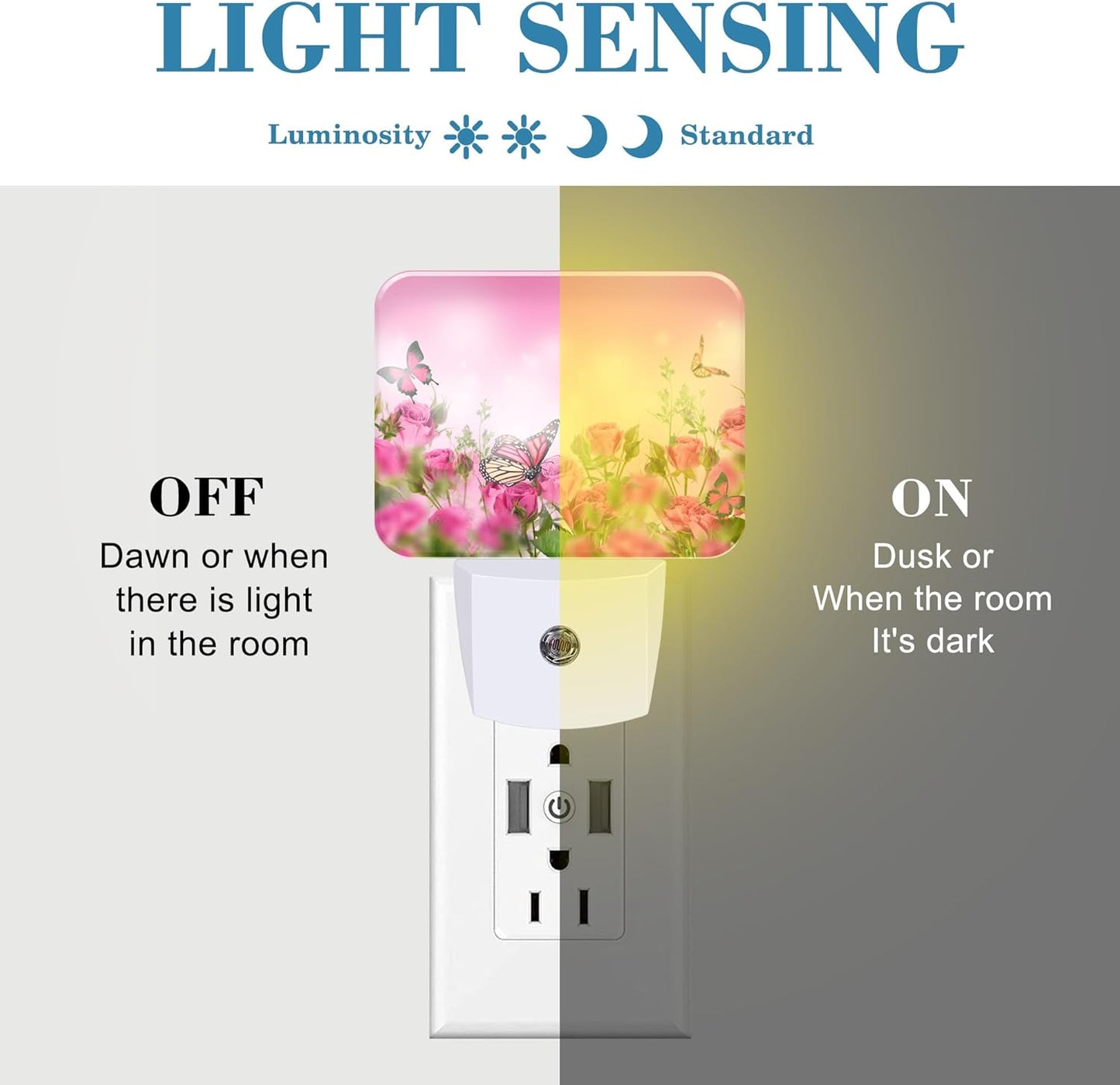 Beautiful Pink Roses Plug in Night Lights, Pink Butterfly Nightlight Plug Into Wall Dusk to Dawn Sensor for Kid Girls Boys Women Men Room, Hallway, Kitchen, Bathroom, Stairs Decor