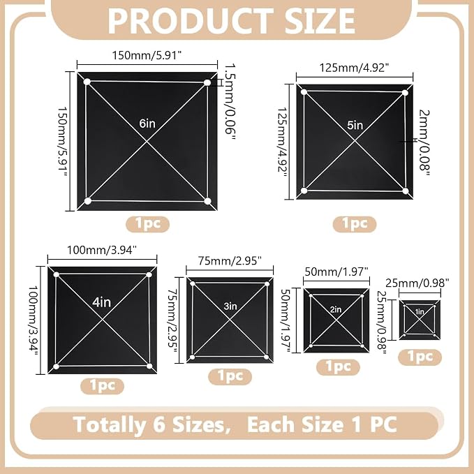 6 PCS 6 Size Square Quilting Template Set 1-6" Black Acrylic Quilting Templates