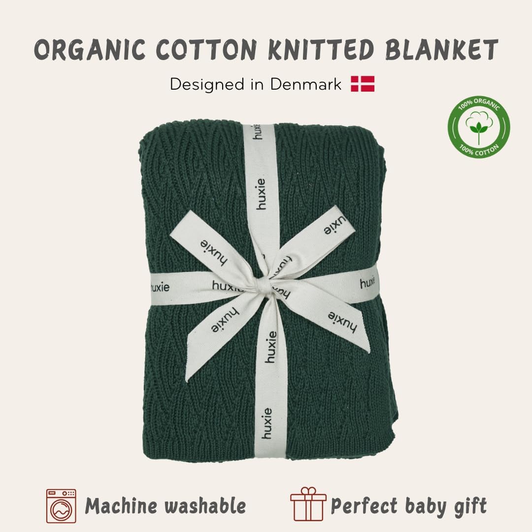 Knitted Organic Cotton Baby Blanket- Swaddle Blanket, 30" x 40" Soft Receiving Blanket for Newborn (Forrest Green)
