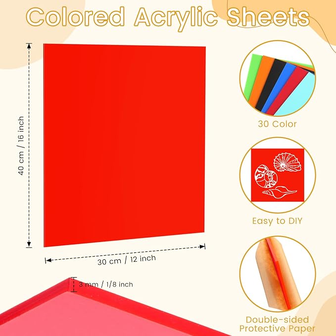 Geetery 30 Pack Colored Acrylic Sheets 1/8" Thick