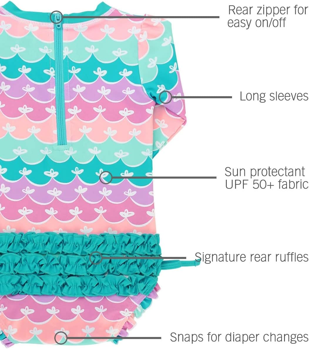 RuffleButts Baby Girls UPF 50+ Sun Protection Novelty Print Long Sleeve One Piece Rash Guard Swimsuit with Zipper