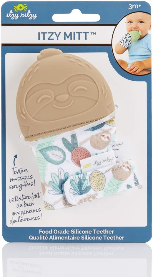 Itzy Ritzy Silicone Teething Mitt - Soothing Infant Teething Mitten with Adjustable Strap, Crinkle Sound & Textured Silicone to Soothe Sore & Swollen Gums - for Ages 3 Months & Up (Sloth)