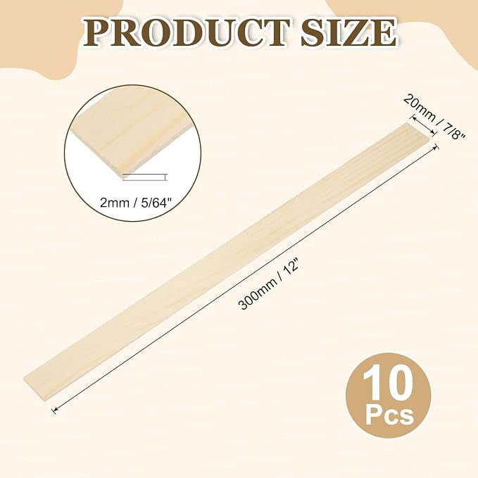 MECCANIXITY 10Pcs Wood Strips Slats, 5/64" x 7/8" x 12" Thin Wood Sticks Flat