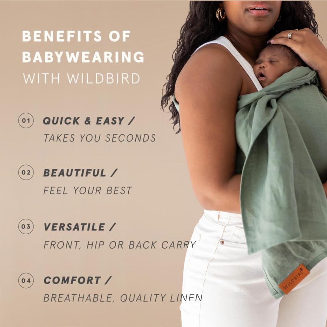 WildBird Ring Sling Baby Carrier for New Moms & Dads & Caregivers - Made from 100% European Linen - for Newborns to Toddlers Up to 35 lbs - Long 90" Size (Acadian Fabric/Gold Ring)