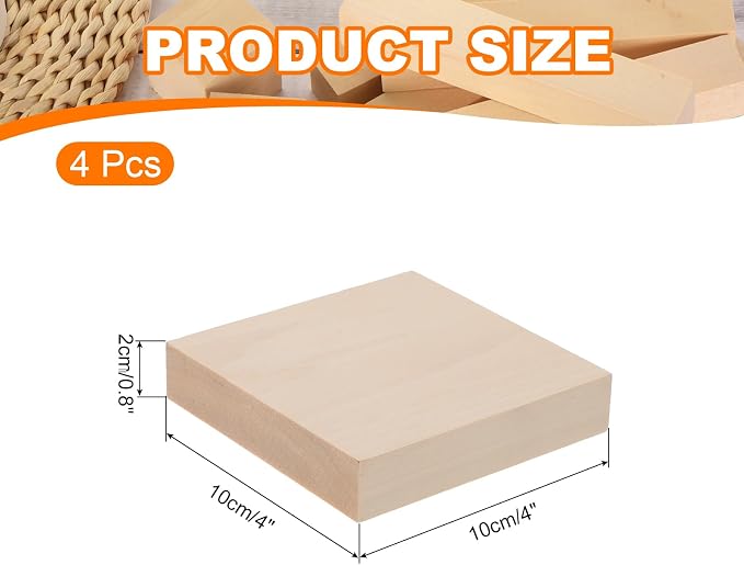 MECCANIXITY 4Pcs Basswood Carving Block, 0.8"x4"x4" Square Wooden Dowels Blocks