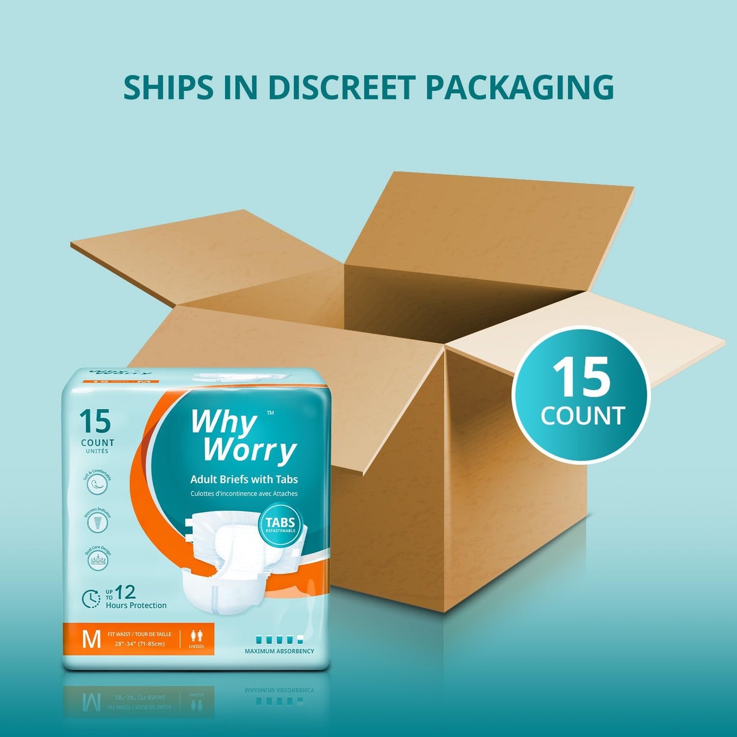 WhyWorry Adult Diapers with Tabs, Disposable Incontinence Briefs for Women & Men with Maximum Absorbency, Adult Briefs for Incontinence Overnight, Odor Control, Unisex, Medium, 15 Count