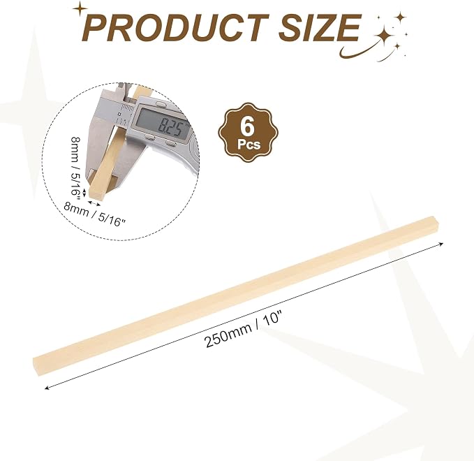 MECCANIXITY 6Pcs Basswood Sticks, 5/16" x 5/16" x 10" Square Wooden Dowel Rods