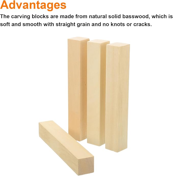 MECCANIXITY 4Pcs Basswood Carving Block, 1.2"x1.2"x8" Square Wooden Dowels