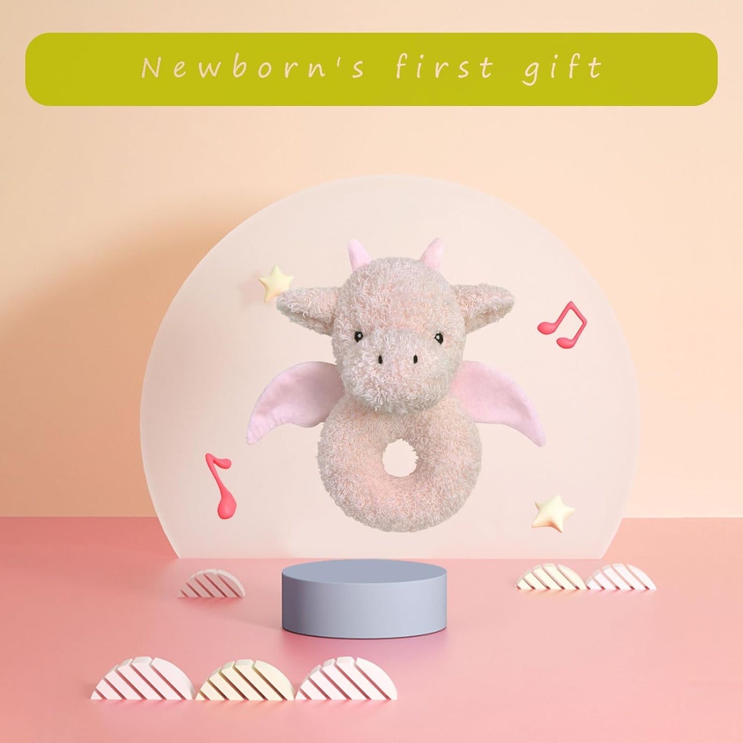 Baby Dragon Soft Rattle Toy, Plush Dinosaur Infant Shaker Rattle Easy-Grasp Stuffed Animal Toy, Gifts for Newborns Babies Toddlers Boys Girls, Pink, 6 Inches