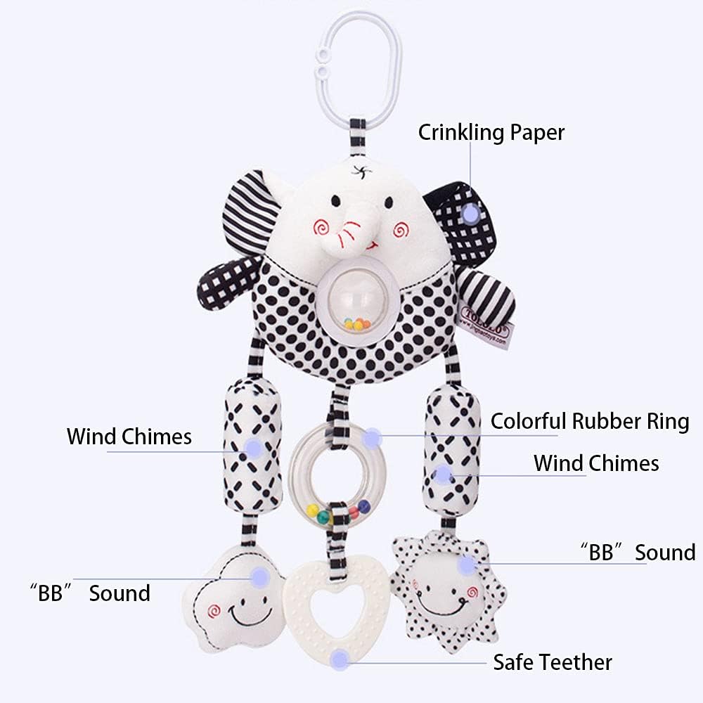D-KINGCHY Baby Toys Car Seat Stroller Plush Hanging Rattle Animal Stuffed Hanging Toy with Teether Rattle Sound for 0-3 Years Old (Elephant)