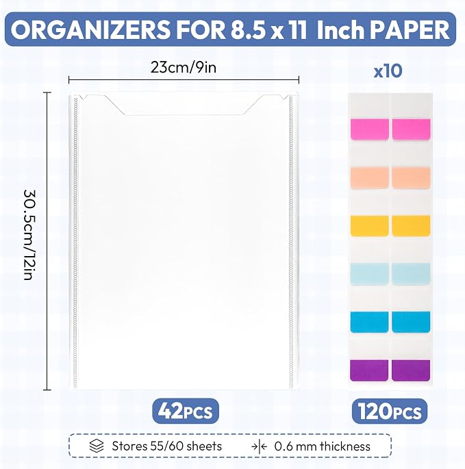 42 Pack 8.5x11 Scrapbook Paper Storage Organizer w/120 Label Stickers, Photos