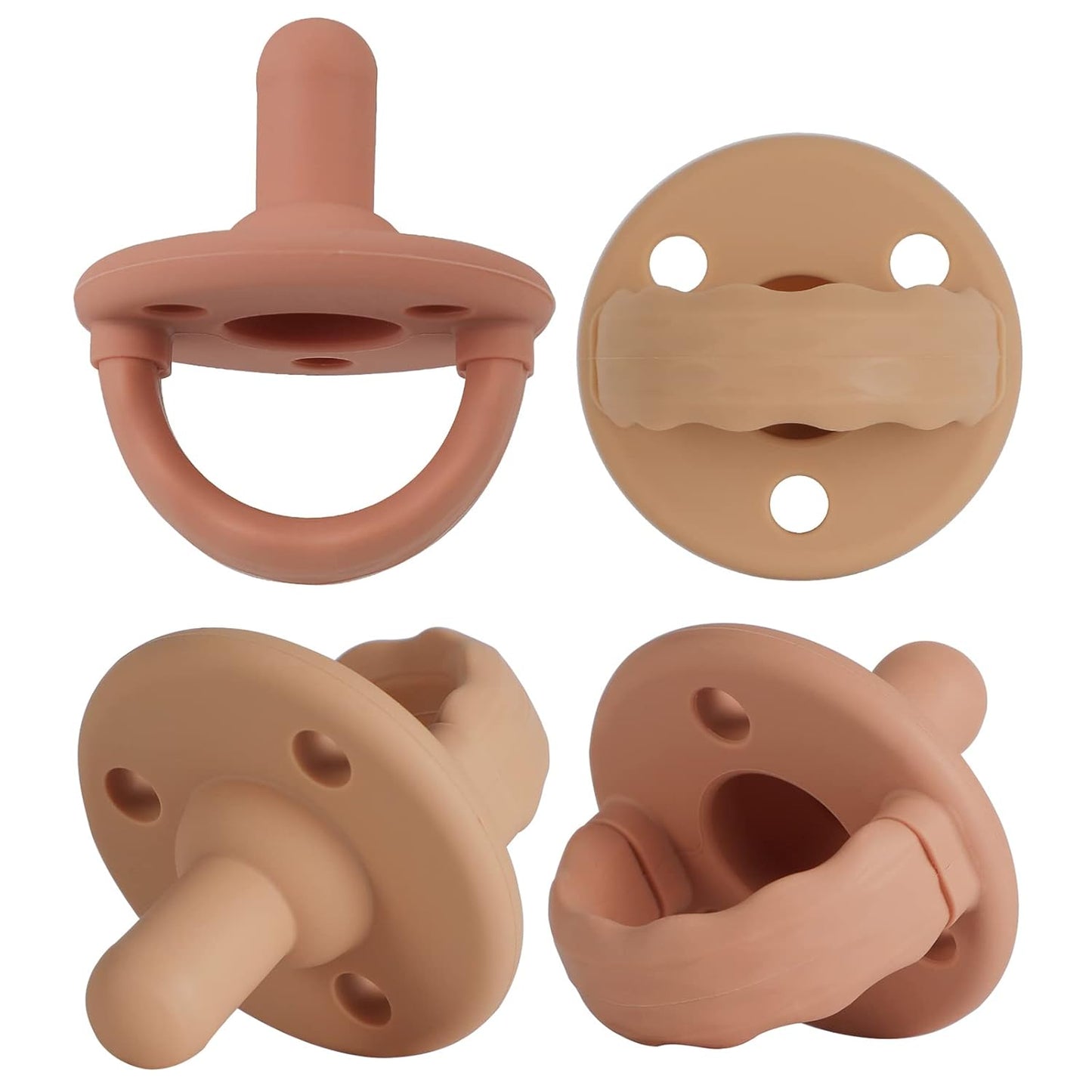 Soother Pacifier,Food Grade Silicone Pacifiers with Handle & 3 Holes for Added Safety, BPA Free, 4-Pack (Muted x2 / Apricot x2)