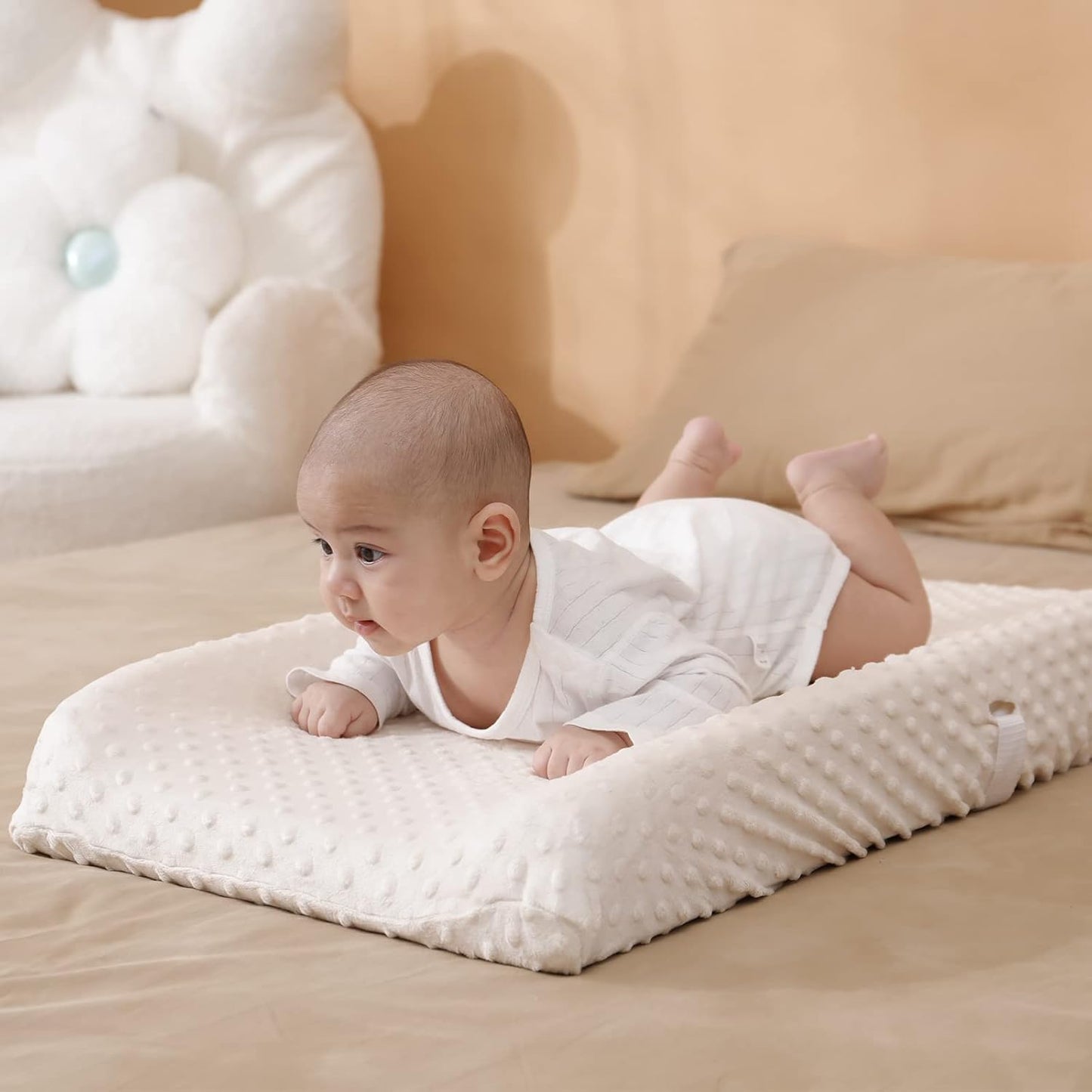 Solid Changing Table Pad Cover Cradle Sheet, Fits 32"/34''x16" Contoured Diaper Changing Pad, Ultra Soft Cozy Minky Dots Plush Changing Table Covers, Breathable Wipeable Removable (Beige)