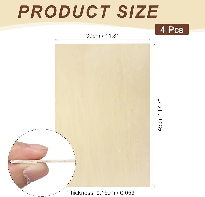 MECCANIXITY 4pcs Basswood Sheet 12" x 18" x 1/16" Thin Unfinished Wood Plywood