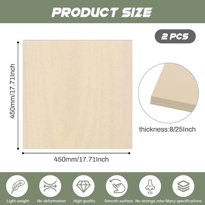 2 Pack Plywood Sheets, 17.1" x 17.1"x 8/25" Basswood Sheets | 8mm Basswood
