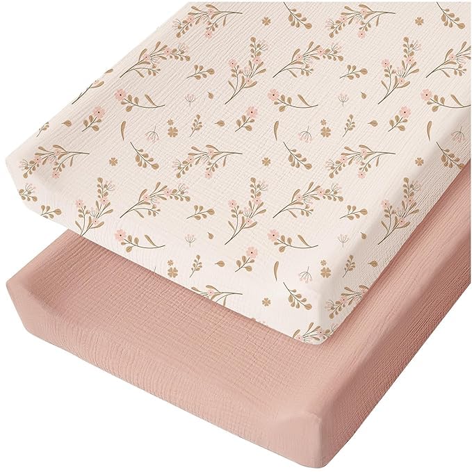 Muslin Changing Pad Cover for Baby Girls Boys, 100% Cotton Fitted Diaper Chang Table Covers, Soft Breathable Changing Pad Sheets, 2 Pack (Floral,Pink)