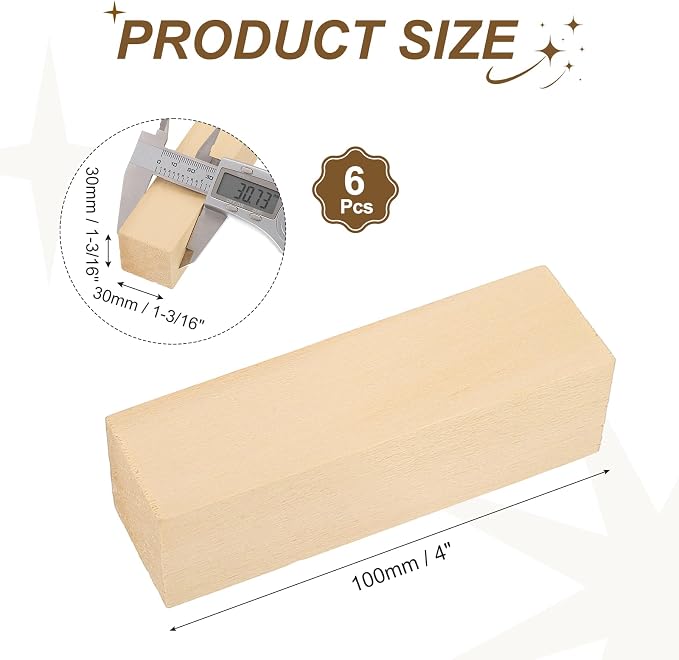 MECCANIXITY 6Pcs Basswood Sticks, 1.2" x 1.2" x 4" Square Wooden Dowel Rods