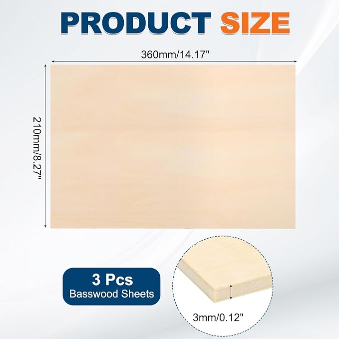 MECCANIXITY 3pcs Basswood Sheets 14 x 8 x 1/8 Inch Unfinished Wood Boards