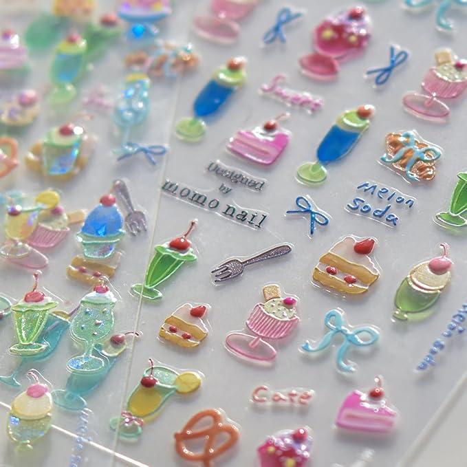 Summer Nail Art Stickers Decals Cherry Cake 5D Embossed Jelly Nail Decals 1PCS