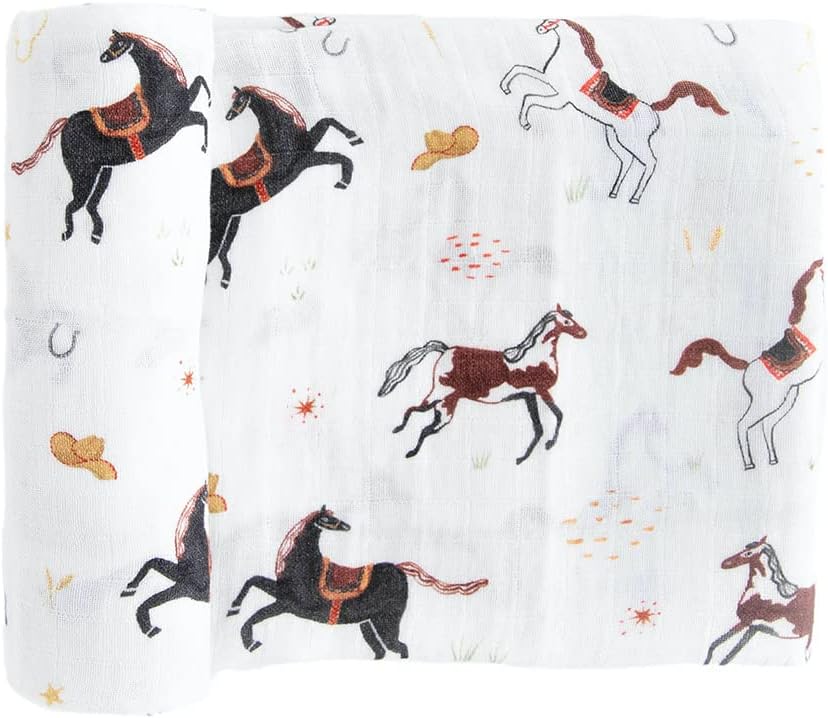 RED ROVR 100% Organic Cotton Muslin Swaddle | Newborn Receiving Blanket | Baby Wrap | Boy, Girl, Unisex | Soft, Lightweight, Breathable | Burping, Nursing | 44" x 44" | Howdy Horse