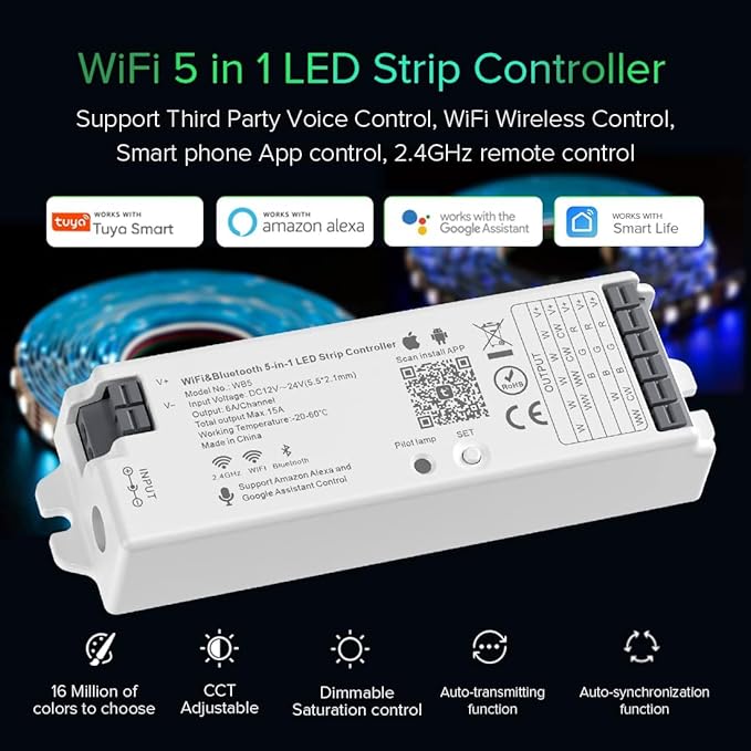 BTF-LIGHTING 5in1 WB5 2.4GHz Tuya WiFi PWM LED Controller Compatible with Alexa/Google Home/Smart Life/Tuya Smart APP Control for Dimming CCT RGB RGBW RGBCCT LED Strip Work with WR01RF WR02RF etc