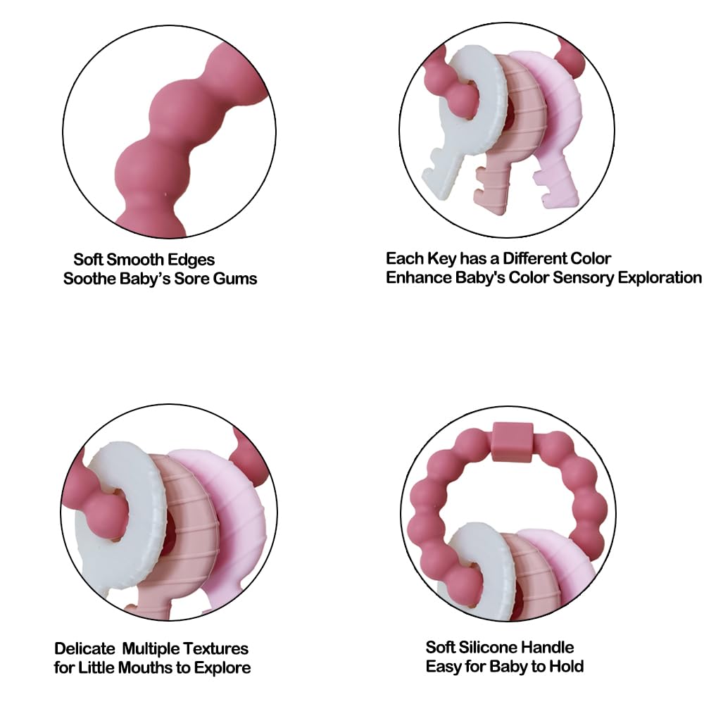 Baby Teething Keys Toys 3 to 12 Months,Infants Toddler Sensory Chew Toys,Teether Toys for Baby Girl-Soft & Raised Texture to Soothe Gums,BPA Free (Pink)