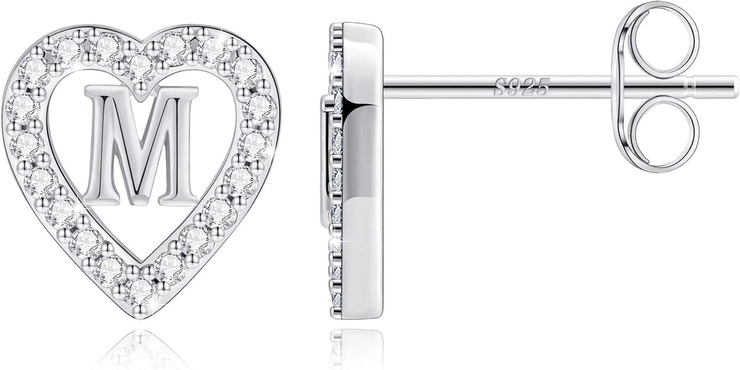 Anoup Christmas Gifts for Grandkids Girls Earrings - S925 Sterling Silver Post CZ Hypoallergenic Stud Heart Initial Earrings for Women Kids Jewelry Stocking Stuffers for Teen Girls Birthday Gifts