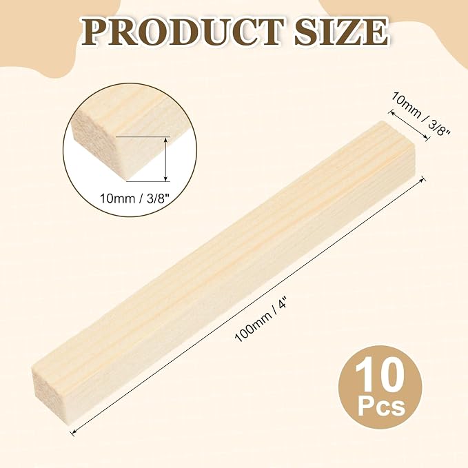 MECCANIXITY 10Pcs Wood Strips Slats, 3/8" x 3/8" x 4" Thin Wood Sticks Flat