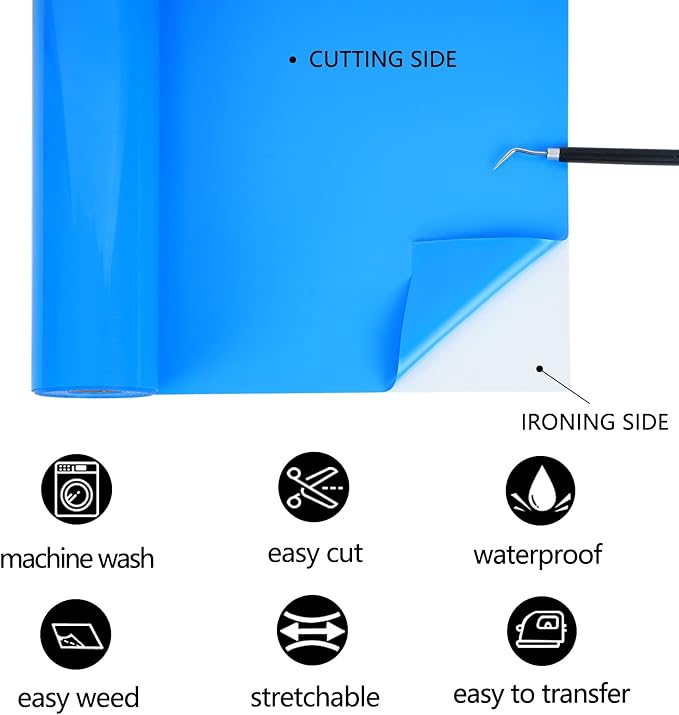 TUMIYA Lake Blue Heat Transfer Vinyl HTV Rolls, Glossy Adhesive Lake Blue HTV