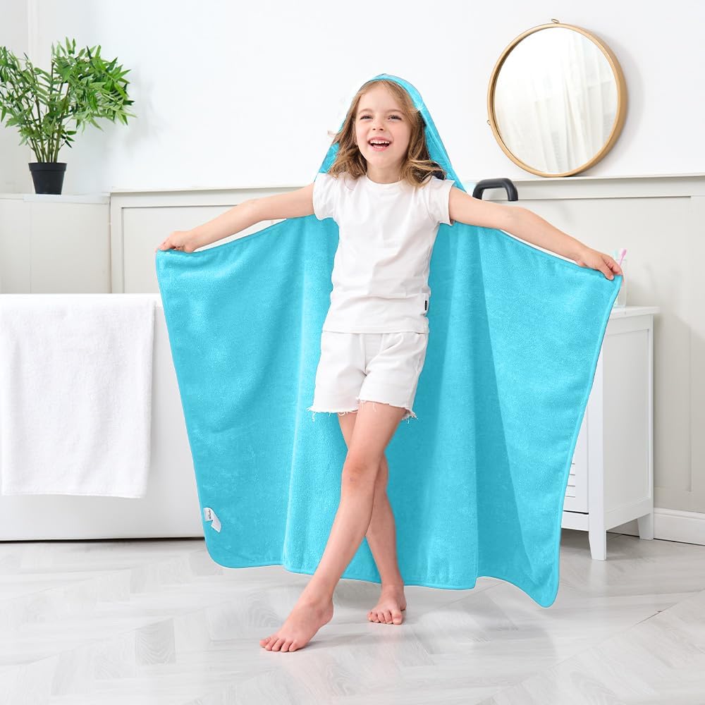 Hiturbo Kids Hooded Bath Towel: 100% Cotton Soft Thick Absorbent Towels Wrap - 50"x30" Shower Beach Pool Wearable Blanket for 3-12 Yrs Boys Girls - Blue