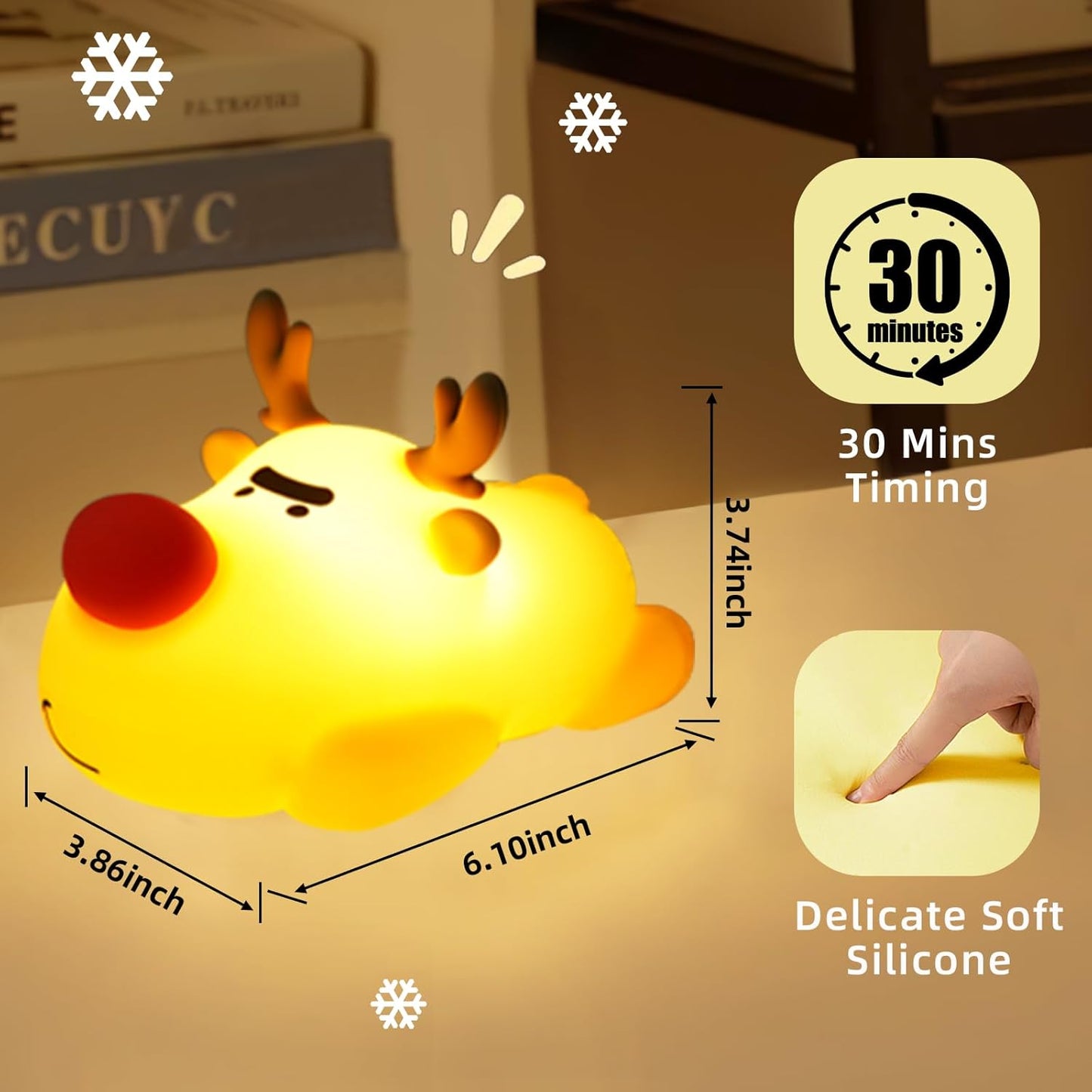 Eco-Friendly Reindeer Night Light - Energy Efficient LED Desk Lamp, Rechargerable Dimmable Nursery Soft Touch Bedside Baby Squishy Night Light, Portable Nightlight for Adults/Kids