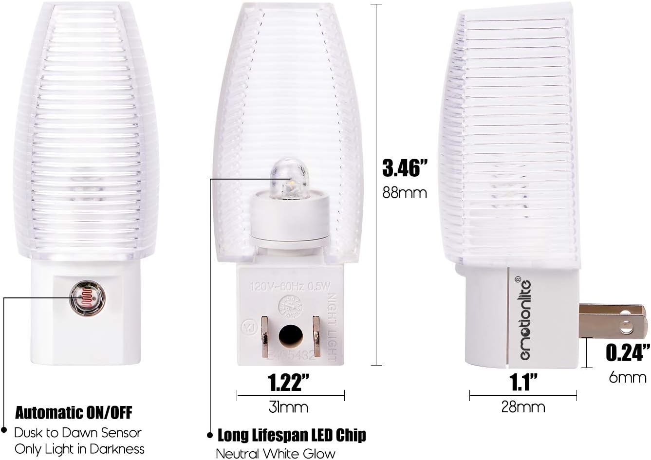 Emotionlite Plug in Night Light, Neutral White LED Nightlight, Dusk to Dawn Sensor, Kids, Nursery, Bedroom, Bathroom,Hallway, Stairs, Kitchen, 6 Pack