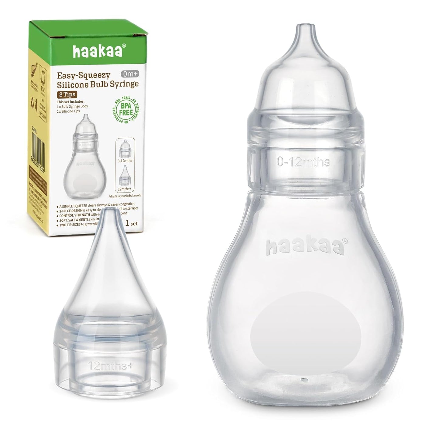 Haakaa Silicone Baby Nasal Aspirator | Nose Bulb Syringe | Easy-Squeezy Baby Nose Cleaner, 0m+ Newborn Infant &Toddler - BPA Free Silicone-2 Tips