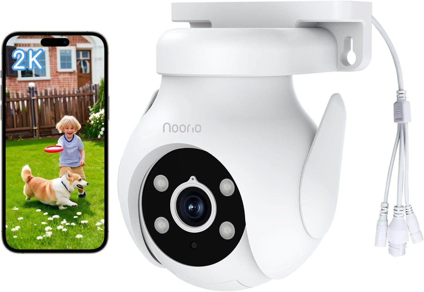 Noorio 2K Security Camera Outdoor 360° Pan/Tilt, Two Way Talk Wired Outdoor Camera for Home Surveillance, 24/7 Recording, Color Night Vision, Cloud & SD Card Storage, Compatible with Alexa, 2.4G WiFi
