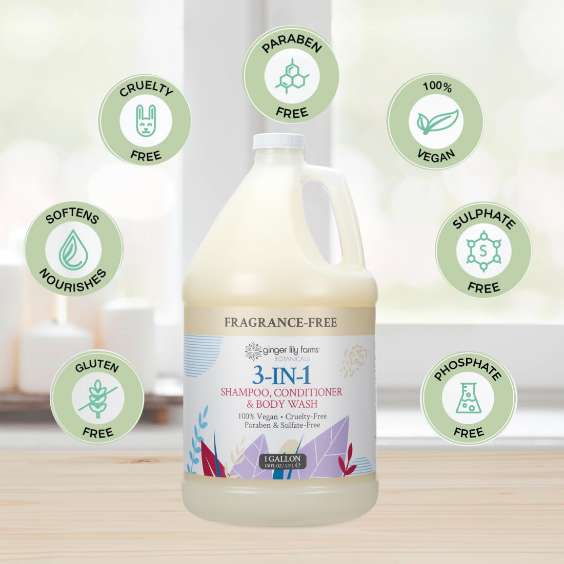Ginger Lily Farms Botanicals 3-in-1 Shampoo, Conditioner & Body Wash, 100% Vegan & Cruelty-Free, Fragrance Free, 1 Gallon (128 fl oz) Refill