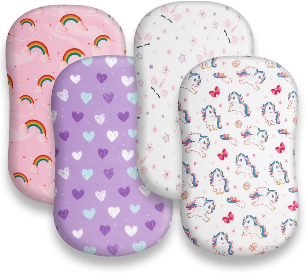 4 Pack Soft Baby Girl Bassinet Sheets for Bassinet Mattress Unicron Rainbow Heart Cute Neutral Polyester Unisex Fitted Bassinet Sheets Set for Baby Girls