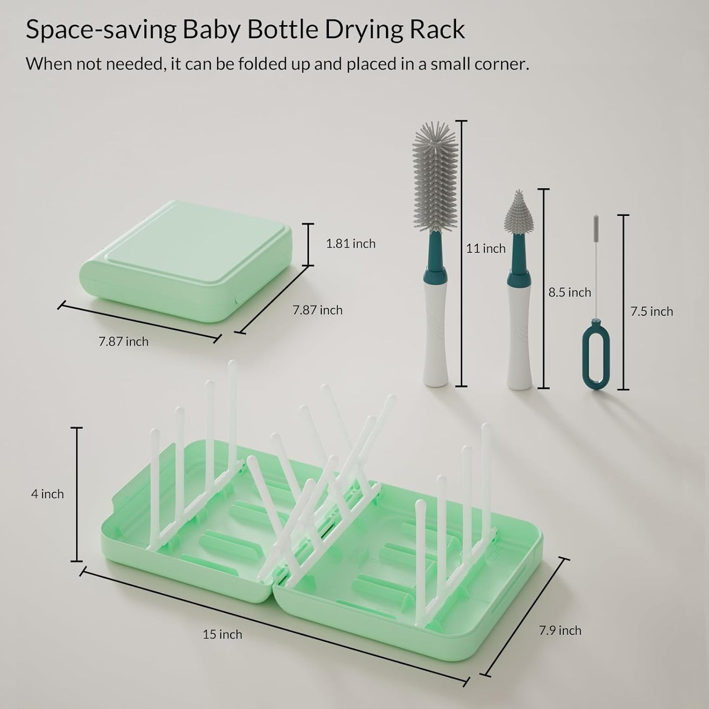 Portable Baby Bottle Brush Set with Multiple Brushes,Soap Dispenser, Foldable Bottle Drying Rack for 16 Bottles, Bottle Cleaner Brush Set for Bottles and Baby Accessories, Baby Travel Essential